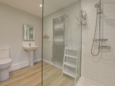 A bathroom with a toilet sink mirror glass shower cubicle step stool and wall-mounted towel radiator at The Linhay in Lapford