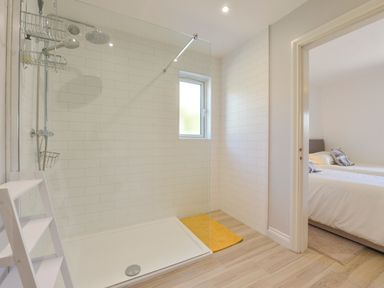 A bathroom with a walk in shower and a window next to a bedroom with two single beds at The Linhay in Lapford