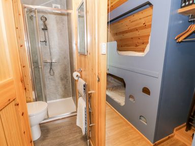 A compact bathroom with a shower and toilet next to a room with built-in bunk beds at Conwy Pod in Capel Garmon near Betws-Y-Coed