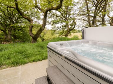 An outdoor hot tub on a patio next to grass and trees at Conwy Pod in Capel Garmon near Betws-Y-Coed