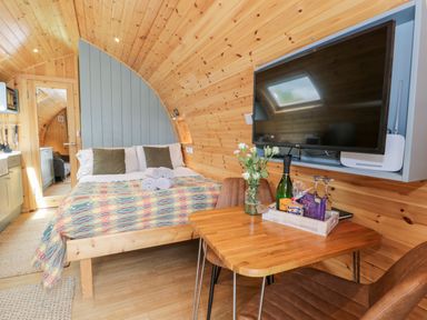 A wooden room with a bed table chairs a wall-mounted television and kitchen equipment at Llugwy Pod in Capel Garmon near Betws-Y-Coed