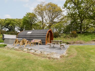 A pod-shaped cabin with outdoor wooden seating and a hot tub in a grassy area at Llugwy Pod in Capel Garmon near Betws-Y-Coed