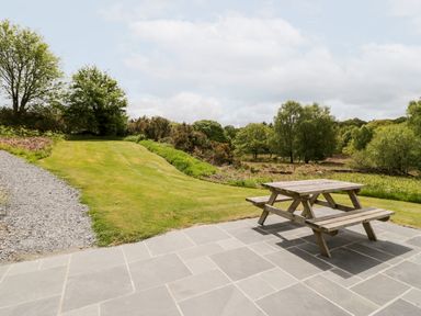 An outdoor patio with a wooden picnic table next to a grassy area and trees at Llugwy Pod in Capel Garmon near Betws-Y-Coed