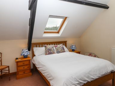 A bedroom with a bed under a skylight window and bedside tables with lamps at Northwood Barn in Okehampton