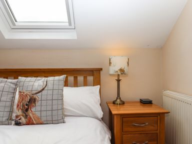 A bedroom with a wooden bed and bedside table with a lamp under a skylight at Northwood Barn in Okehampton