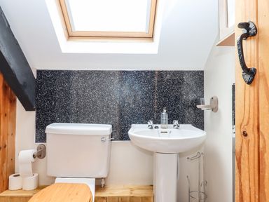 A small bathroom with a skylight window a toilet wooden seat a sink and a soap dispenser at Northwood Barn in Okehampton