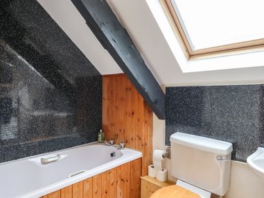 A bathroom with a bathtub a toilet and a skylight window at Northwood Barn in Okehampton