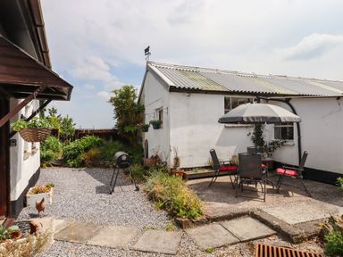 An outdoor patio area with a table and chairs under an umbrella a small grill and plants around at Northwood Barn in Okehampton