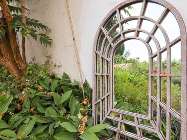 A garden area with green plants and a decorative arched mirror leaning against a white wall at Northwood Barn in Okehampton