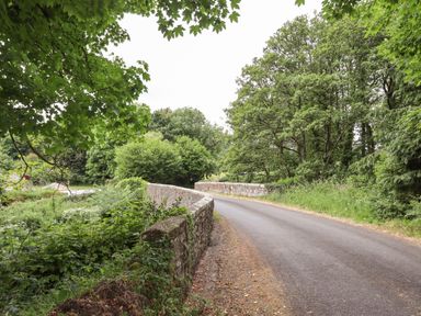 A road with a stone bridge surrounded by green trees and bushes at Northwood Barn in Okehampton
