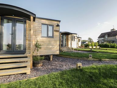 Multiple wooden cabins with small steps and pathways in a grassy area at Willow Kemble