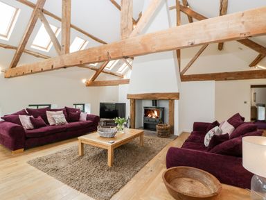 A living room with exposed wooden beams a fireplace two purple sofas a wooden coffee table and a television at Owl Barn in Marston Stannett near Leominster