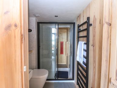 A bathroom with a toilet a glass shower door and a black towel rack with a towel at North Light Studio in Locheport near Lochmaddy North Uist