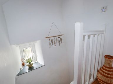 A staircase with a window and potted plant at Ivy Cottage in Trenale near Tintagel