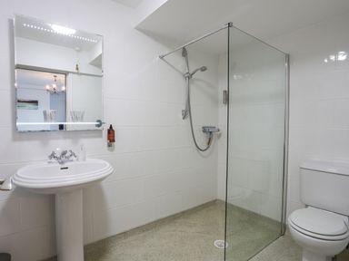 A bathroom with a pedestal sink mirror shower area with glass partition and a toilet at Tegid Lakeside - Bala Lake in Bala