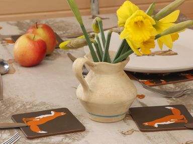 A table set with daffodils in a ceramic jug apples and coasters with fox designs at Mischief in Little Kelk near Bridlington