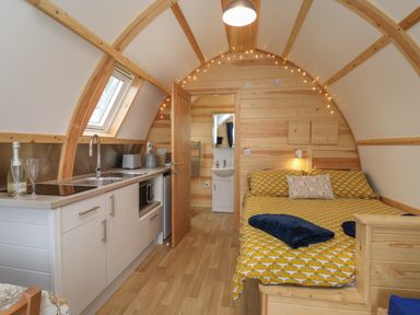 A small wooden cabin interior with a kitchenette on the left and a bed on the right at Mischief in Little Kelk near Bridlington