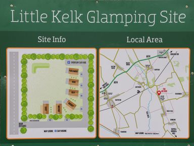 A site map and local area map of Little Kelk Glamping Site with labeled plots and nearby towns at Mischief in Little Kelk near Bridlington