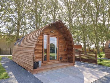 A wooden pod with a glass door and small porch on a paved area surrounded by trees at Mischief in Little Kelk near Bridlington