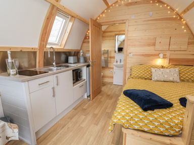 A compact wooden room with a kitchenette and a bed next to a bathroom door at Covey in Little Kelk near Bridlington