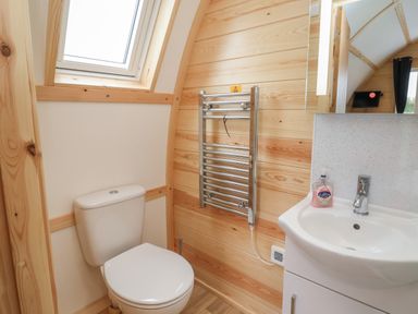 A bathroom with a toilet, sink, hand soap, towel warmer, and a window at Covey in Little Kelk near Bridlington