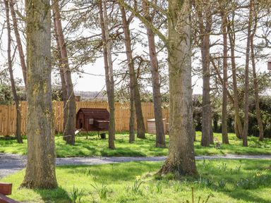 A garden area with trees grass a wooden fence and a small wooden structure at Covey in Little Kelk near Bridlington