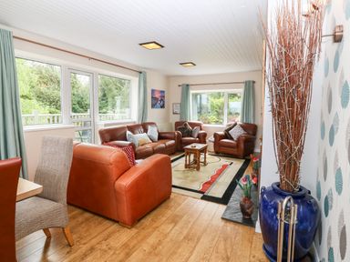 A living room with brown leather sofas a small wooden table a large blue vase with decorative branches and windows with green curtains at Willoway in Benllech
