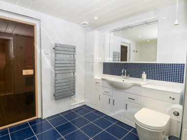 A bathroom with a sink cabinet, mirror, toilet, towel radiator, and a wooden sauna door at Willoway in Benllech