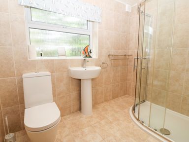 A bathroom with a toilet sink and glass shower enclosure at Willoway in Benllech