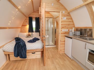 A small room with a bed, kitchenette, and a shower visible through an open door at Husk in Little Kelk near Bridlington