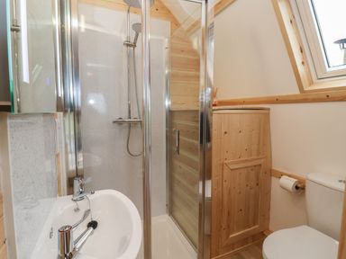 A bathroom with a shower enclosure a sink a wooden cabinet a toilet and a window at Husk in Little Kelk near Bridlington