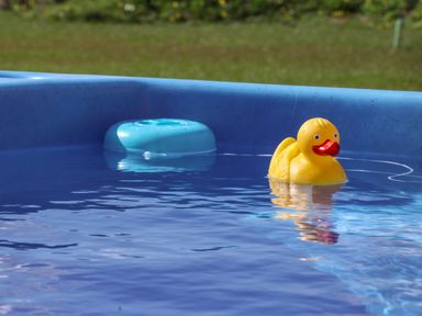 A small blue pool with a yellow rubber duck and a blue floating object in a garden at Husk in Little Kelk near Bridlington