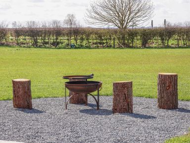 An outdoor fire pit with four wooden log stools on gravel with a green lawn and hedges in the background at Parliament in Little Kelk near Bridlington