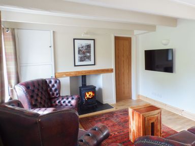 A living room with two leather armchairs a wood stove a wooden side table a wall-mounted television and a red rug at Spring Garden Cottage in Laugharne