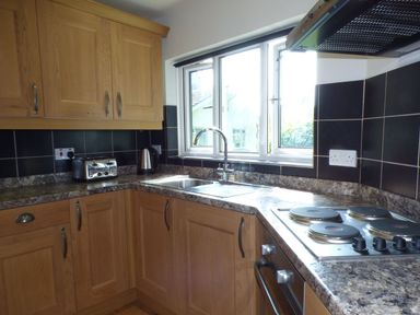 A kitchen with wooden cabinets a stainless steel sink toaster kettle and electric stove at Spring Garden Cottage in Laugharne