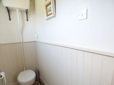A small bathroom with a high level toilet and a framed picture on the wall at Spring Garden Cottage in Laugharne