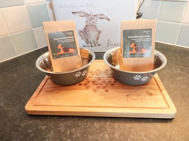Two metal dog bowls on a wooden board with dog welcome packs in a kitchen at Church View in Withernwick near Aldbrough