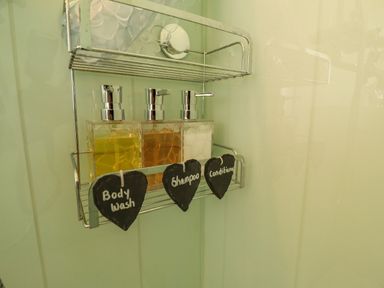A metal shower caddy holding three pump bottles labeled body wash shampoo and conditioner at Portland Luxury Glamping in Nottingham
