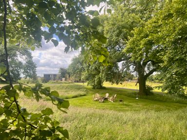An outdoor seating area with wooden chairs around a fire pit under large trees at Portland Luxury Glamping in Nottingham