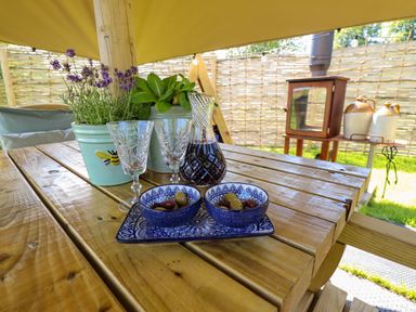 A wooden table with potted plants glasses a carafe and bowls with olives at Portland Luxury Glamping in Nottingham