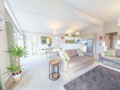 An open living room and kitchen area with sofas dining table and plants at Fern Lodge in Allithwaite near Cartmel