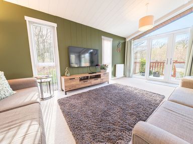 A living room with two sofas a large rug a wooden TV stand and large windows with curtains at Fern Lodge in Allithwaite near Cartmel