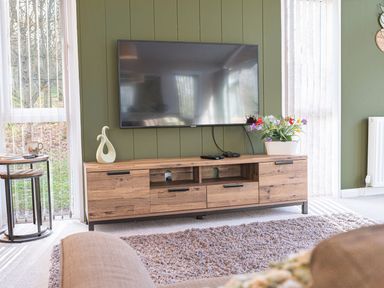 A wooden TV stand with a flat screen TV mounted above it and a flower pot on it in a living room at Fern Lodge in Allithwaite near Cartmel