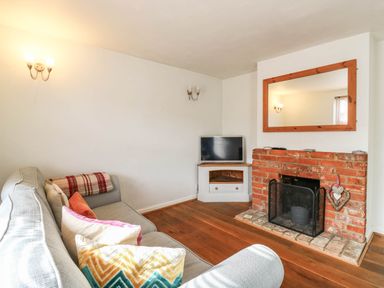 A living room with a sofa, television, and fireplace at 5 Prospect Place in Woodbridge