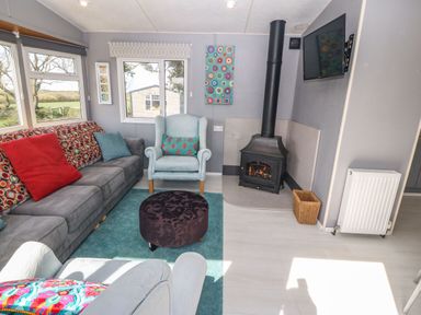 A living room with a gray sofa red and blue cushions a blue armchair a black stove and a wall mounted TV at Cwrt y Ceffyl Boduan near Morfa Nefyn