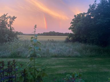 A garden with plants and grass in front of a field and trees under a sky with a double rainbow at High Cogges Farm Holiday Cottages in Witney