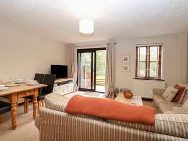 A living room with striped sofas a wooden dining table and glass doors at 10 Ruston Reaches in East Ruston near Stalham