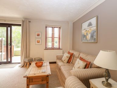 A living room with a striped sofa and wooden coffee table near a window and glass doors at 10 Ruston Reaches in East Ruston near Stalham