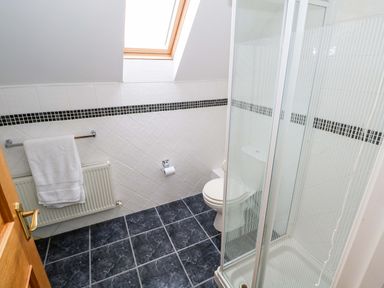 A bathroom with a shower and toilet at Geesala in Gweesalia