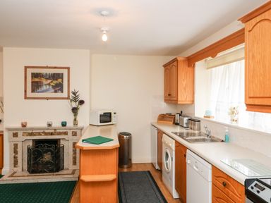 A kitchen with wooden cabinets a countertop with a sink dishwasher washing machine microwave and a fireplace with a painting above at 2 Garnish Court in Glengarriff County Cork